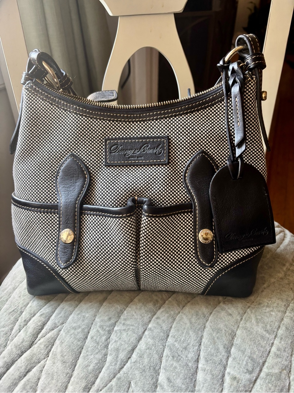 Dooney & Bourke Black & White Textured Shoulder Bag with Gold-Tone Accents